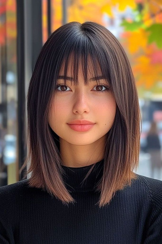 Angled lob cut with wispy bangs