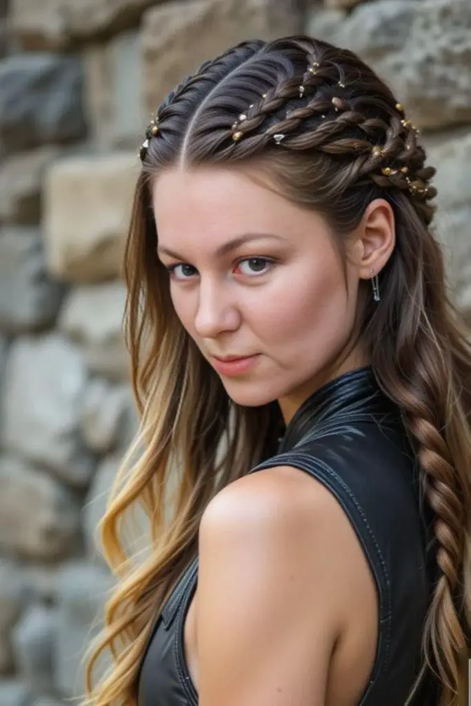 Voluminous twisted braid with frozen sparkle.
