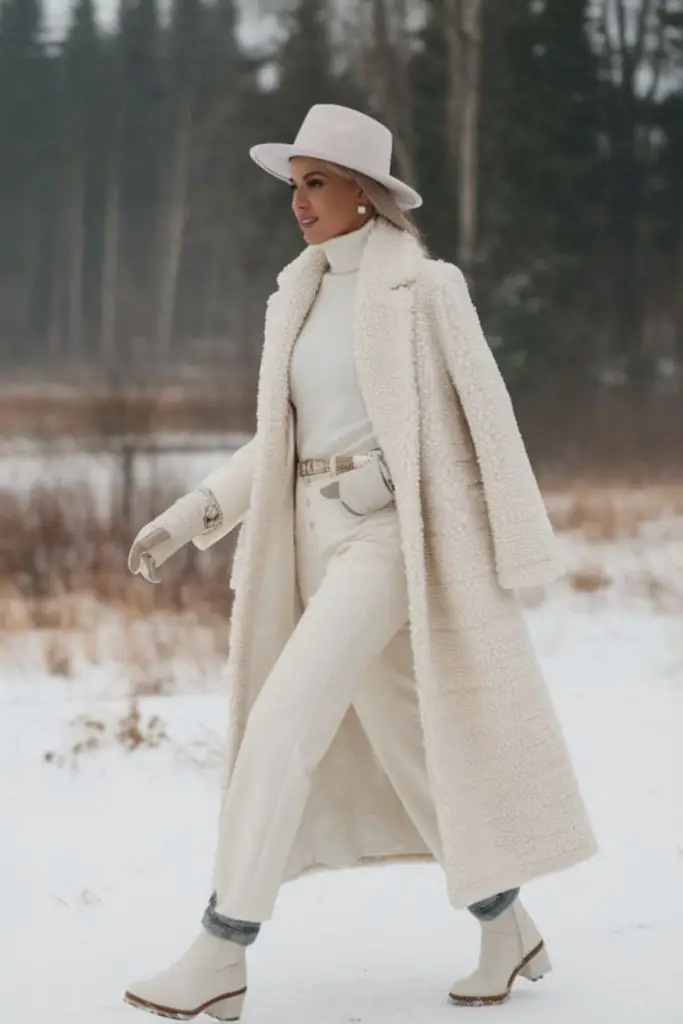 White wool coat snowy street fashion