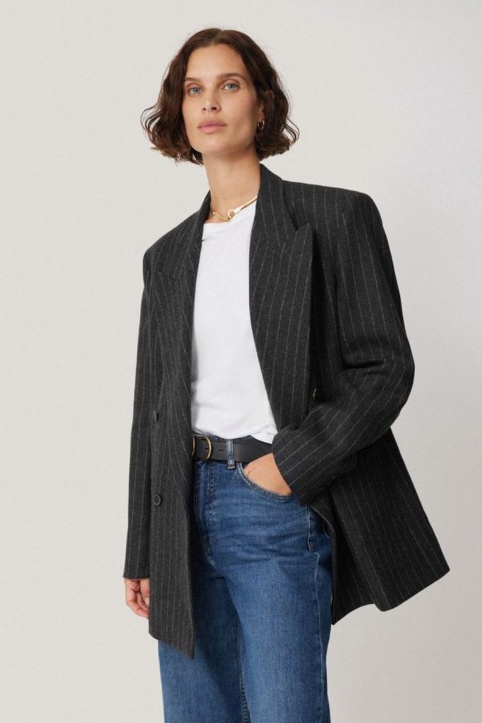 Ash wool blazer with pinstripe trousers