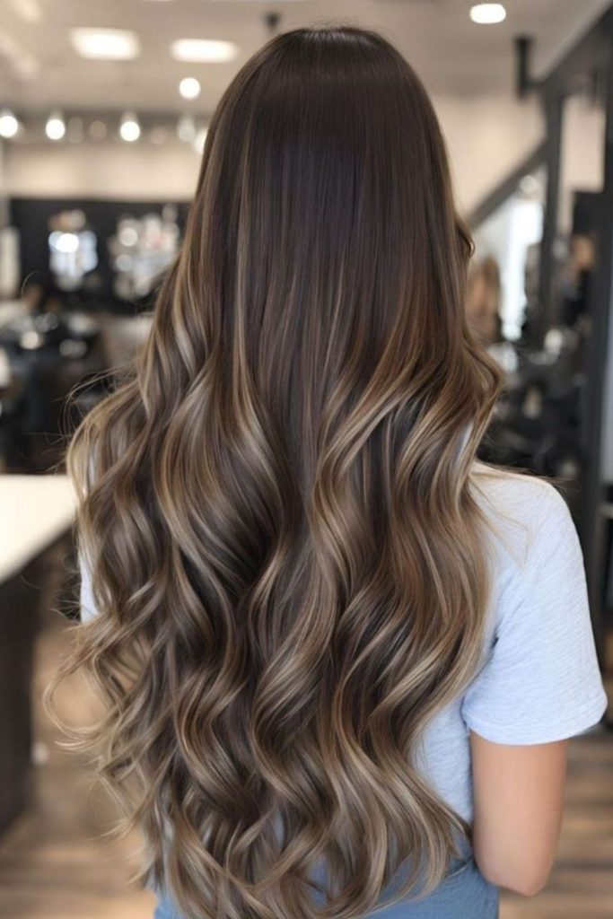 Ashen mocha brunette fade with depth