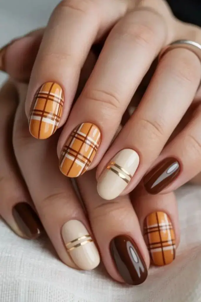 Autumn plaid tartan pattern nails