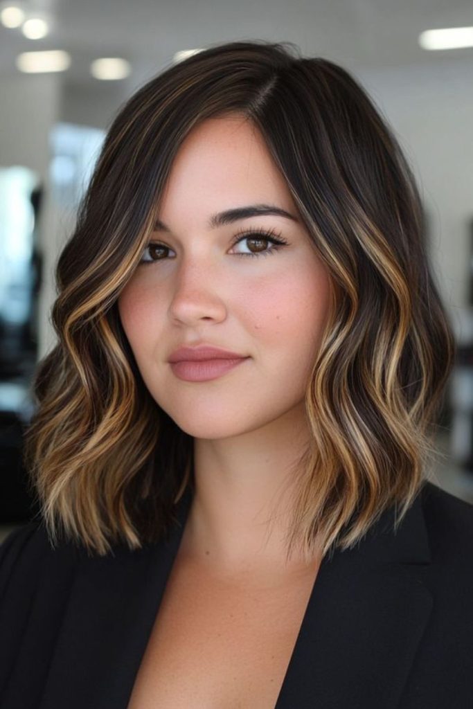 Balayage lob hairstyle round face chic