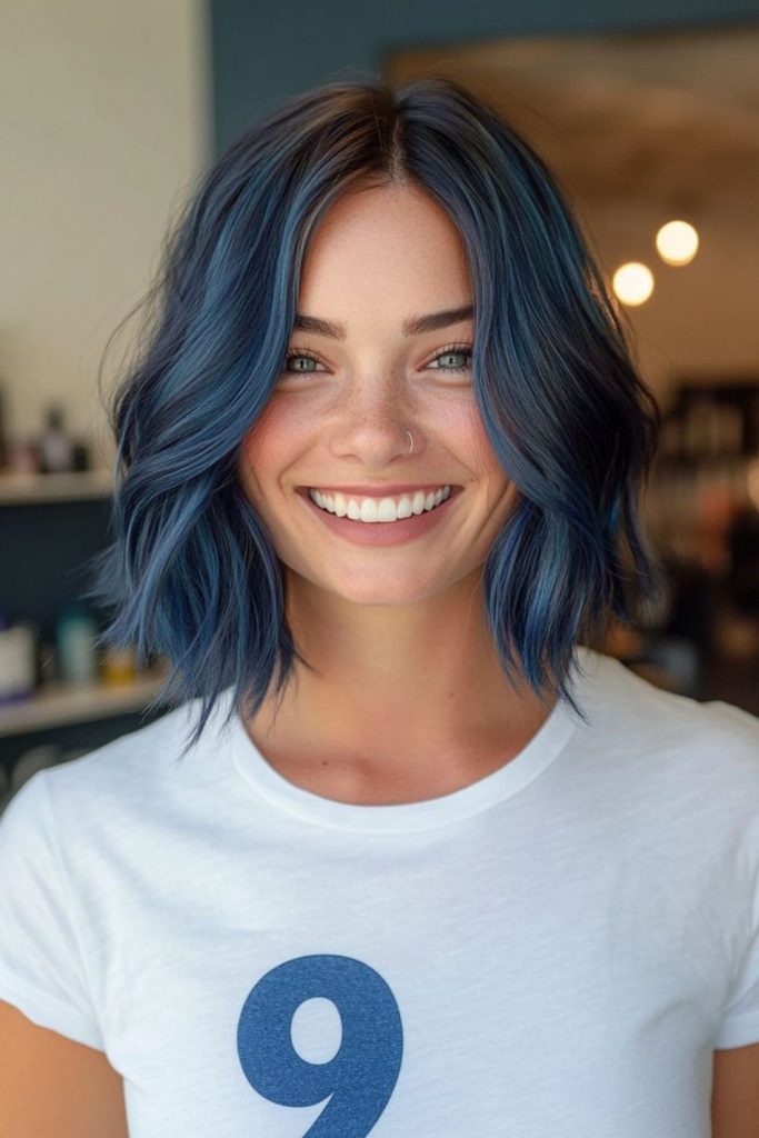 Blue black steel balayage short cut