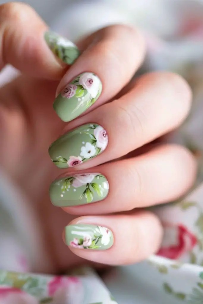 Soft green hand-painted floral nails