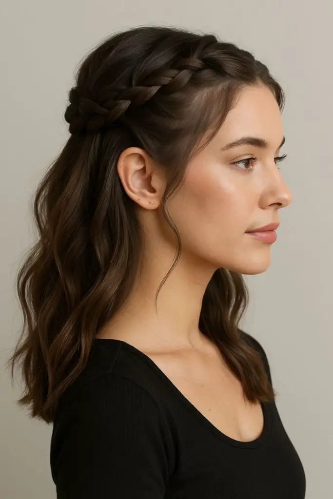 Small braid styled as headband.