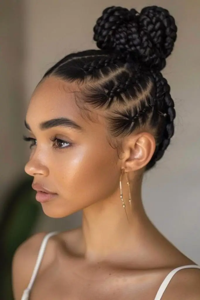 Braided top knot bun styled high