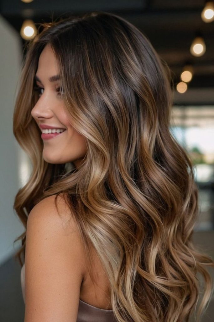 Bronze drizzle highlights on brunette hair