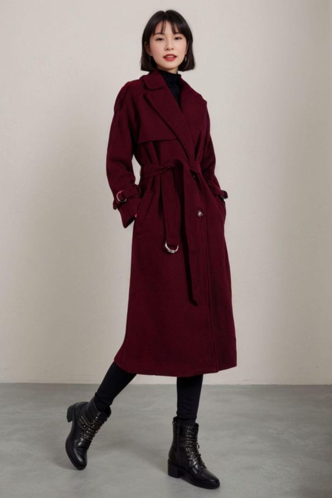 Burgundy wool coat chic winter fit
