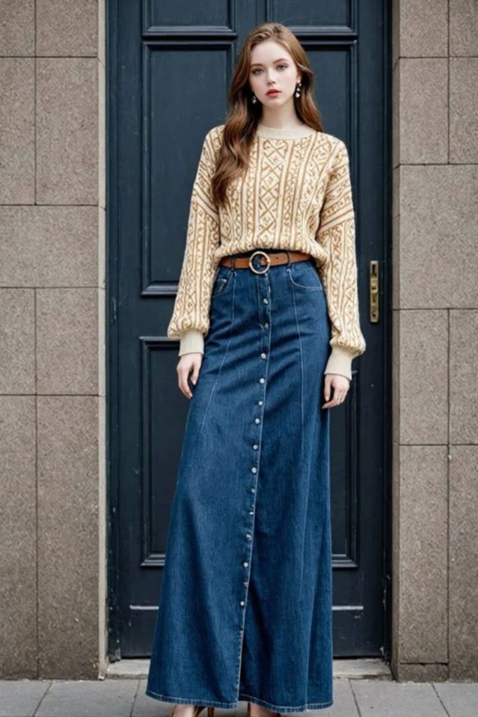Burnished golden sweater and denim skirt