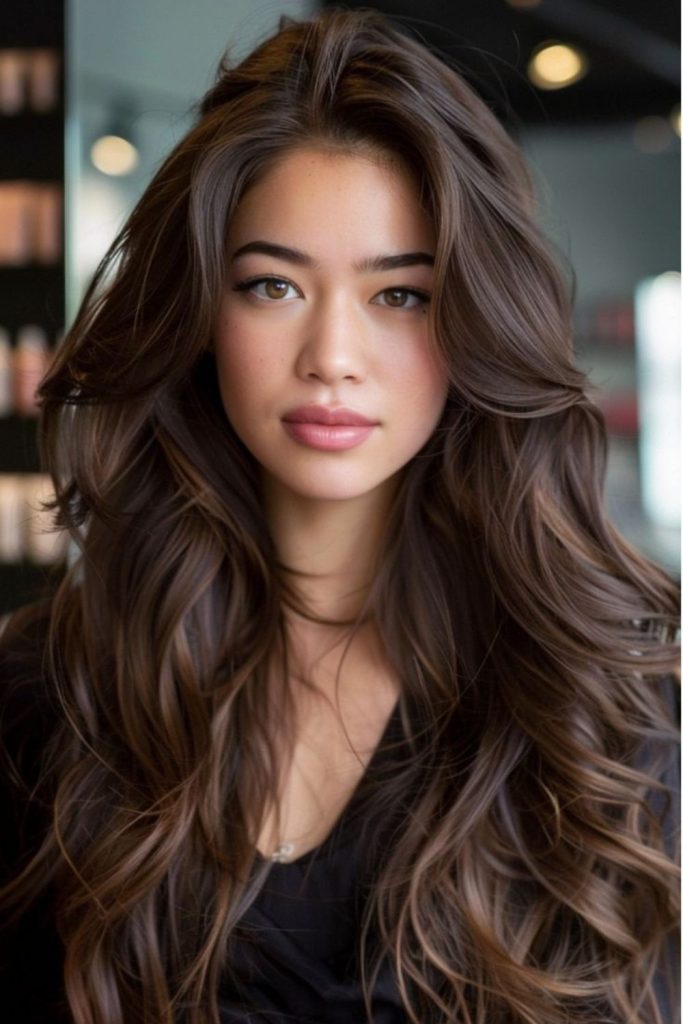 Burnt chestnut cascading brunette layered hair