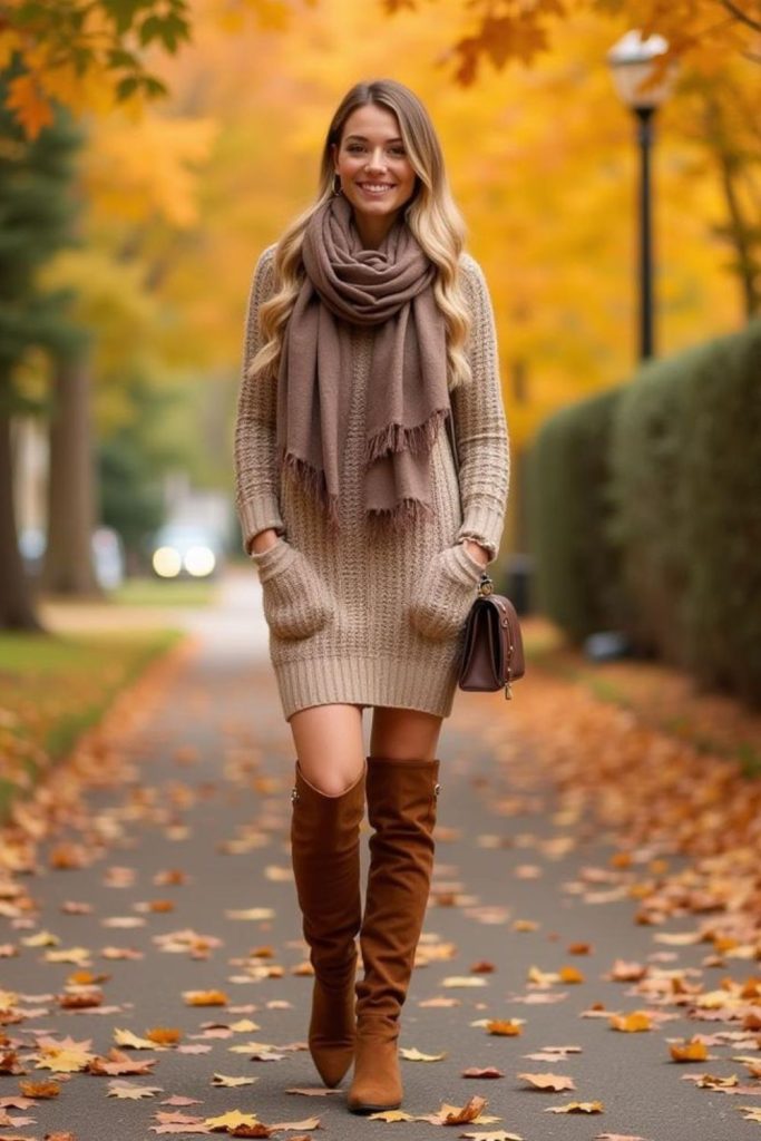 Butterscotch wrap dress and suede boots