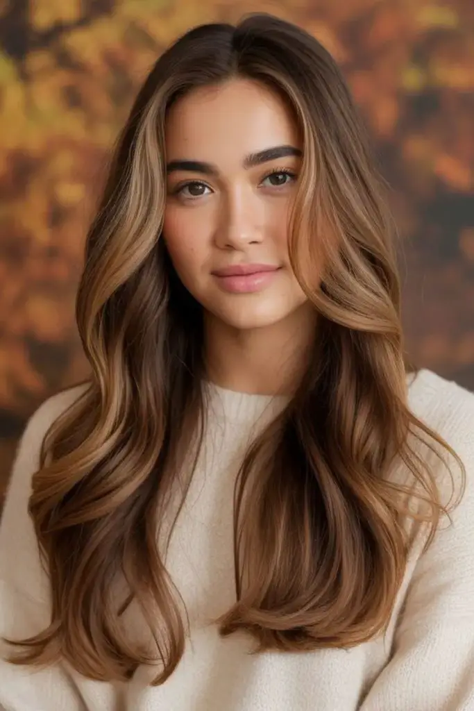 Smooth caramel latte balayage look.