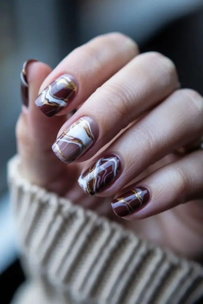 Caramel latte marble swirl nails