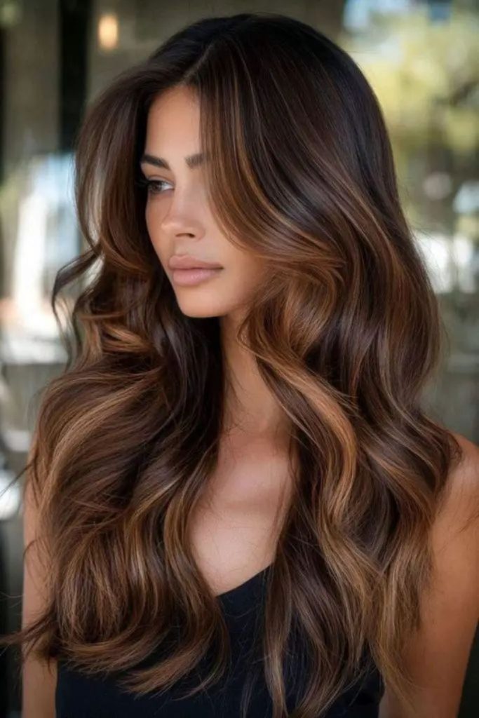 Caramel ripple brunette waves with highlights
