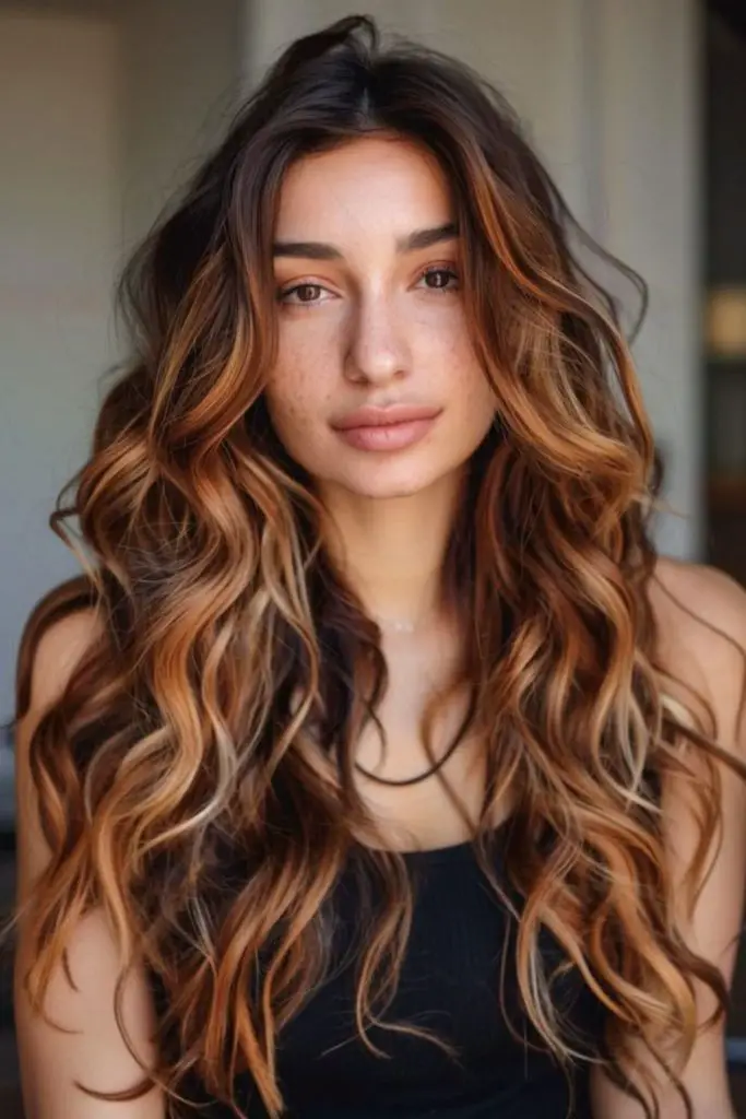 Sun-kissed caramel highlights on dark locks