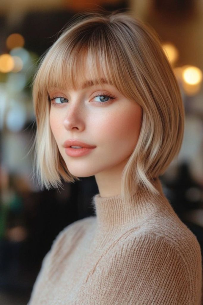 Champagne toast bob with golden highlights
