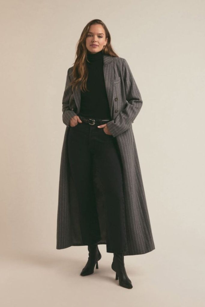 Charcoal long coat with striped knit