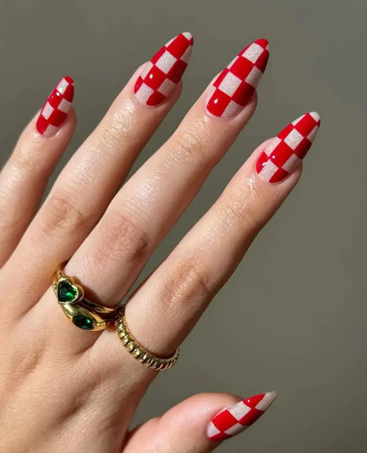 Cherry nails with checkerboard design detail