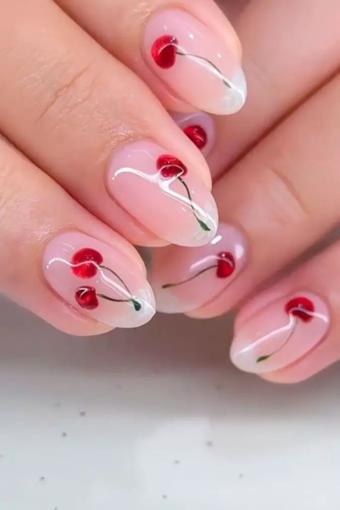 Frosted cherry nails with icy tips