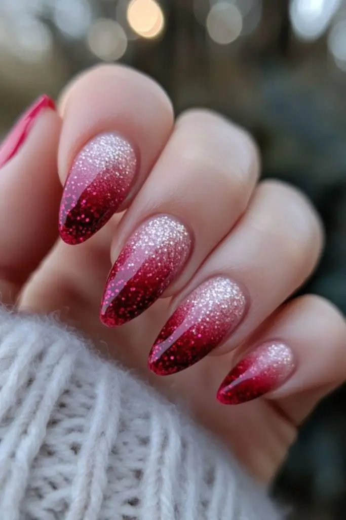 Cherry glitter nails with faded sparkle