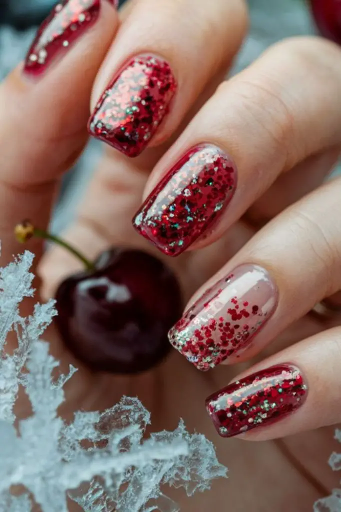 Full cherry glitter dramatic nail look