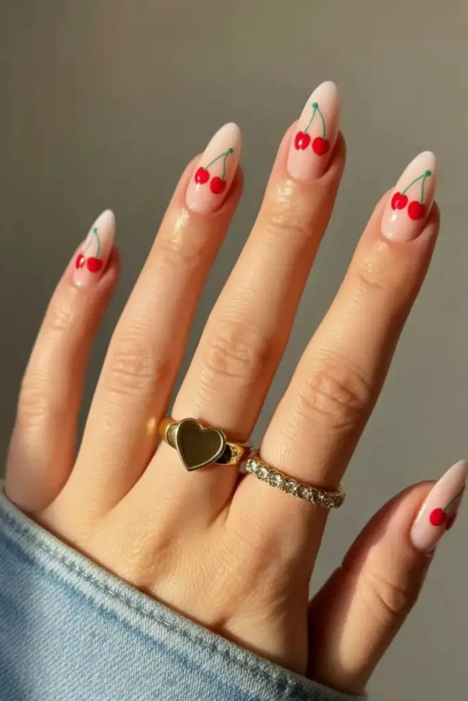Minimal cherry nails with white line art