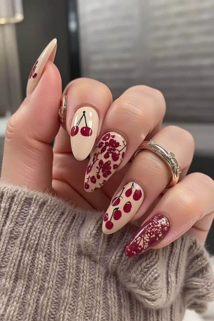 Nude nails with cherry color mix