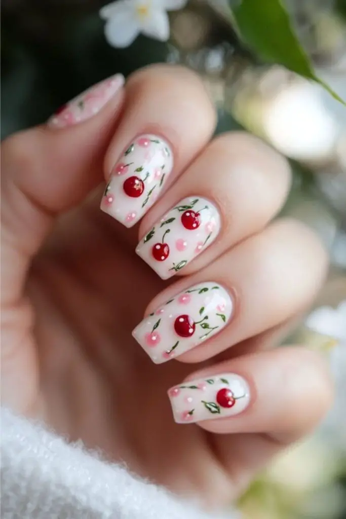 White and cherry alternating nail colors