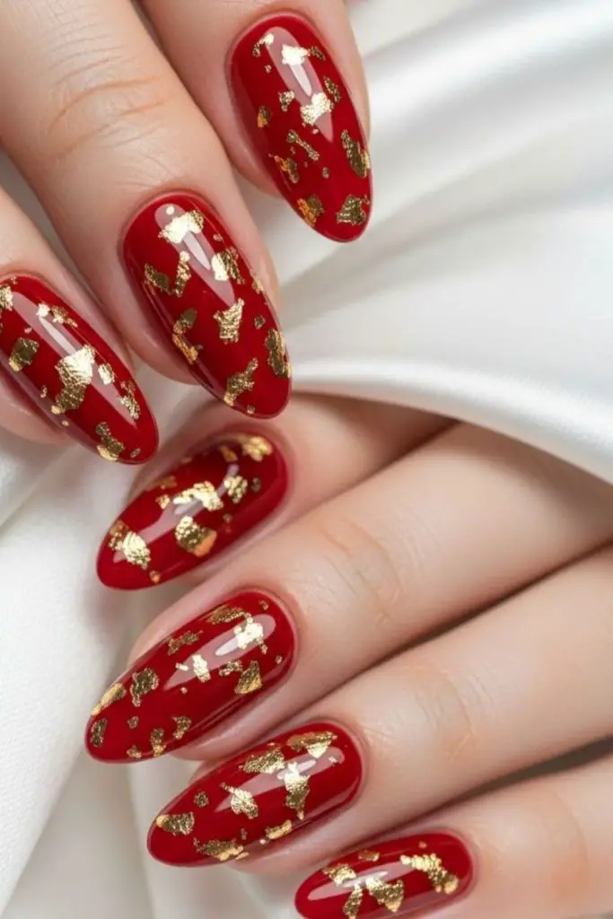 Cherry red nails with gold foil