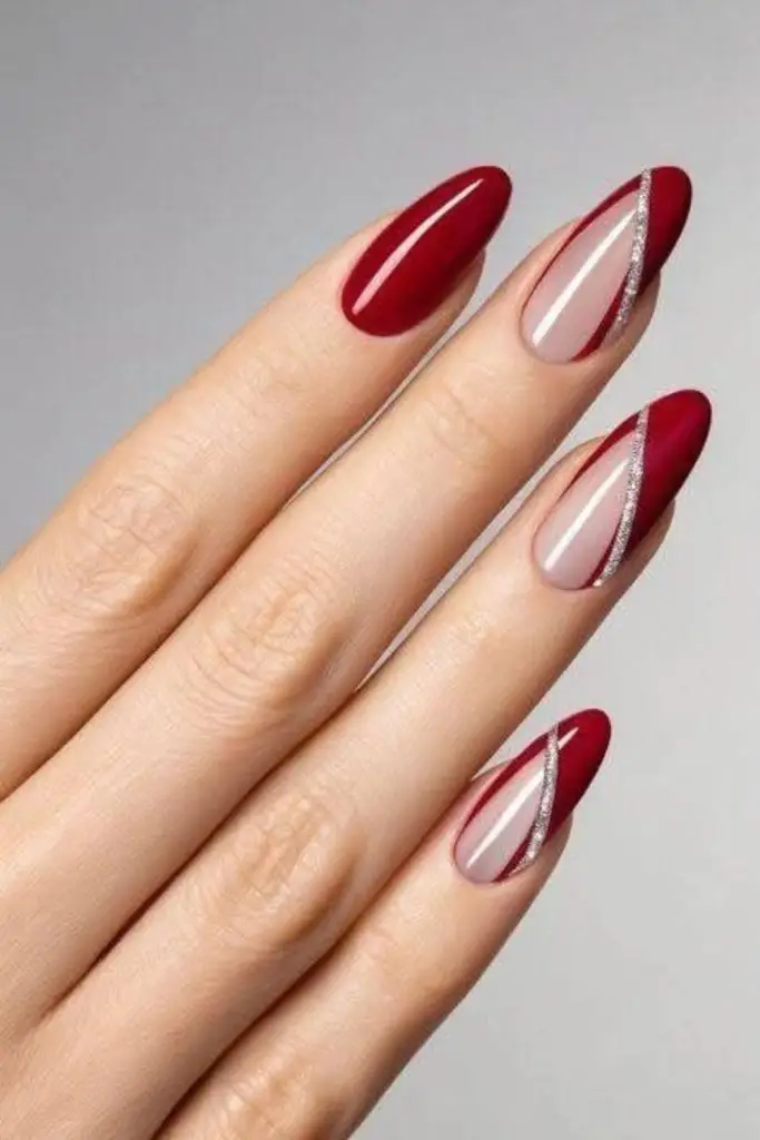 Cherry red nails with silver stripes