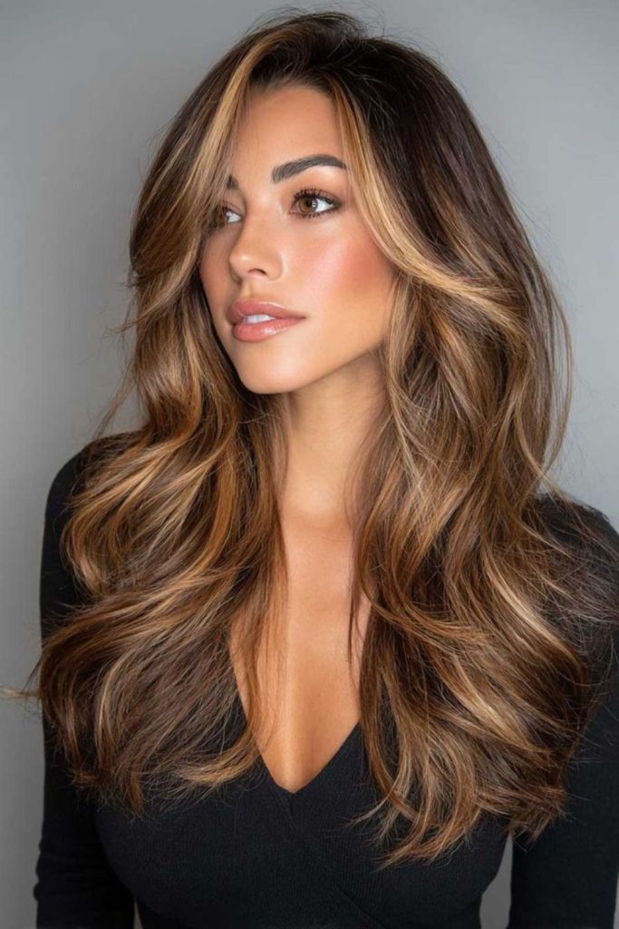 Chestnut balayage glow on dark hair
