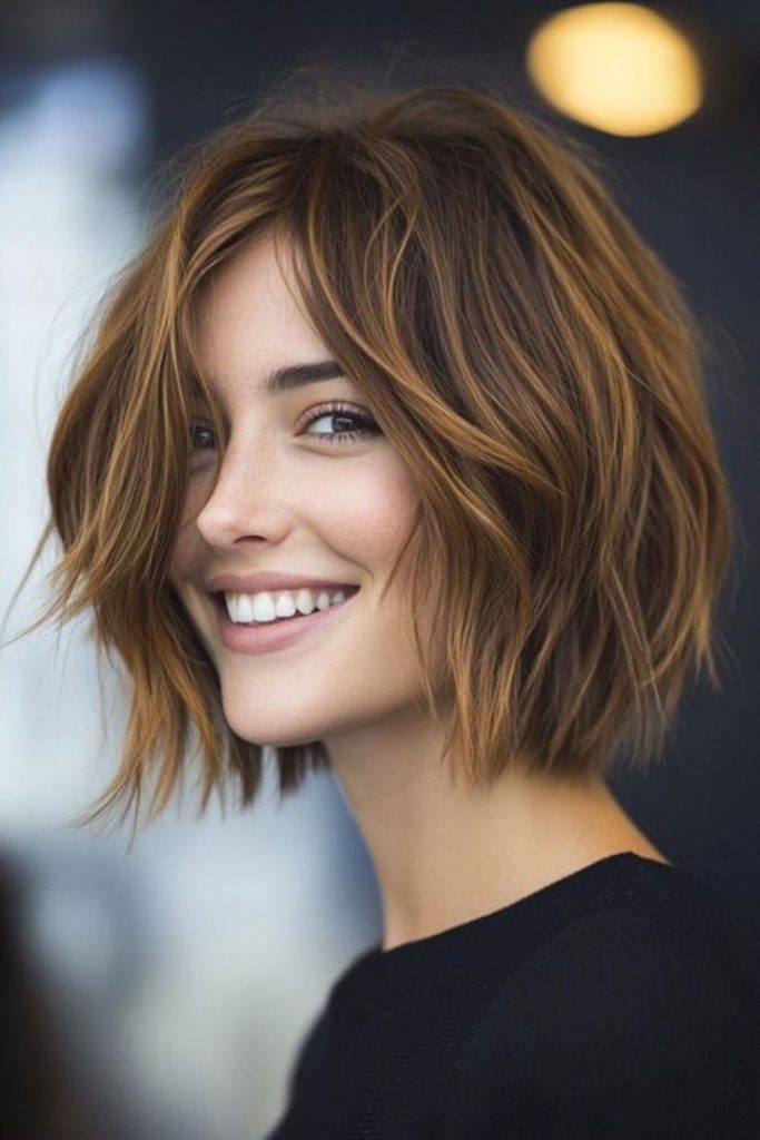 Chestnut gold balayage short haircut