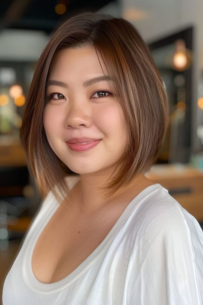 Angled chin grazing bob haircut women