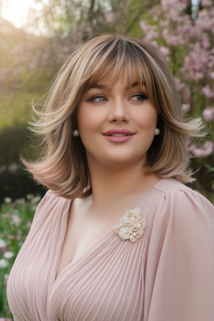 Chin-length curtain bangs for round face
