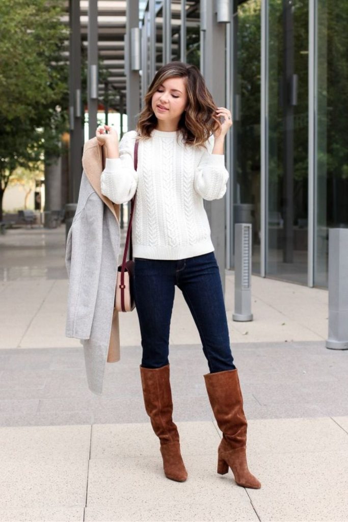 Cinnamon cashmere sweater and suede boots