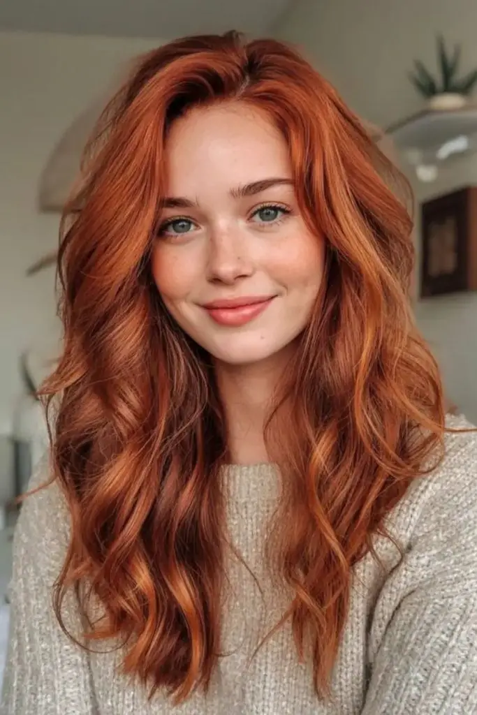 Fiery copper and cinnamon hair shade.