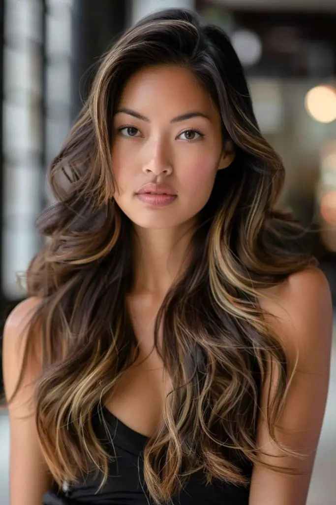 Cinnamon caramel tones on brunette strands