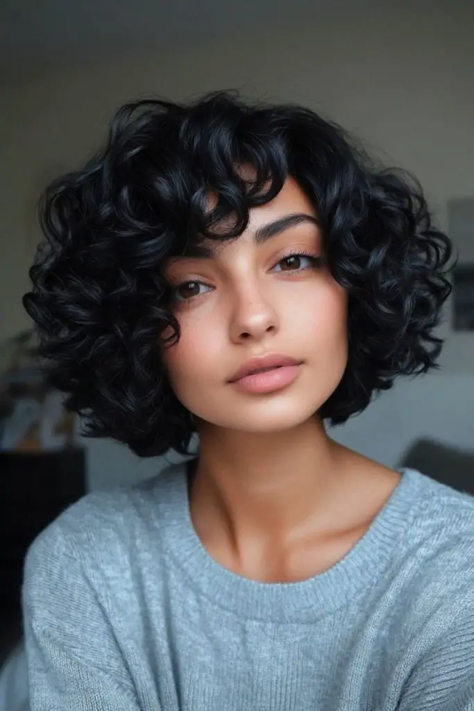 Classic curly bob framing round face.