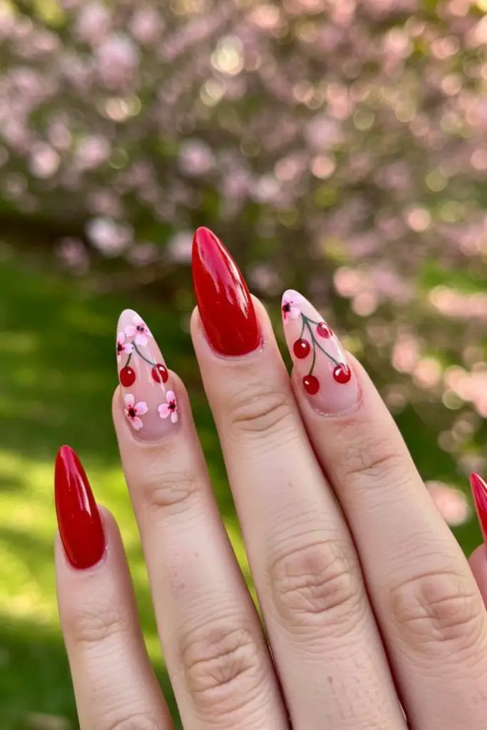 Glossy cherry nails with vibrant shine