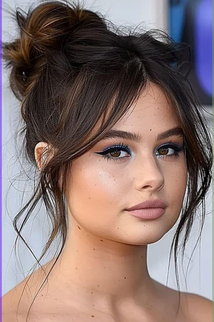 Classic side bun elongates round cheeks