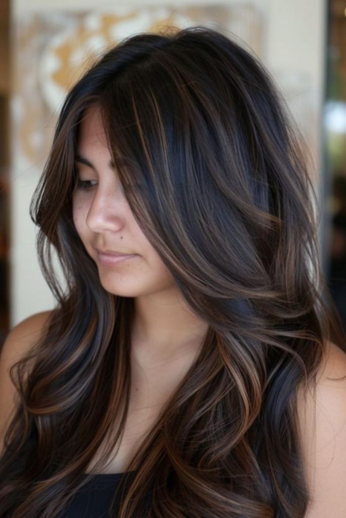 Coffee bean brunette waves with gloss