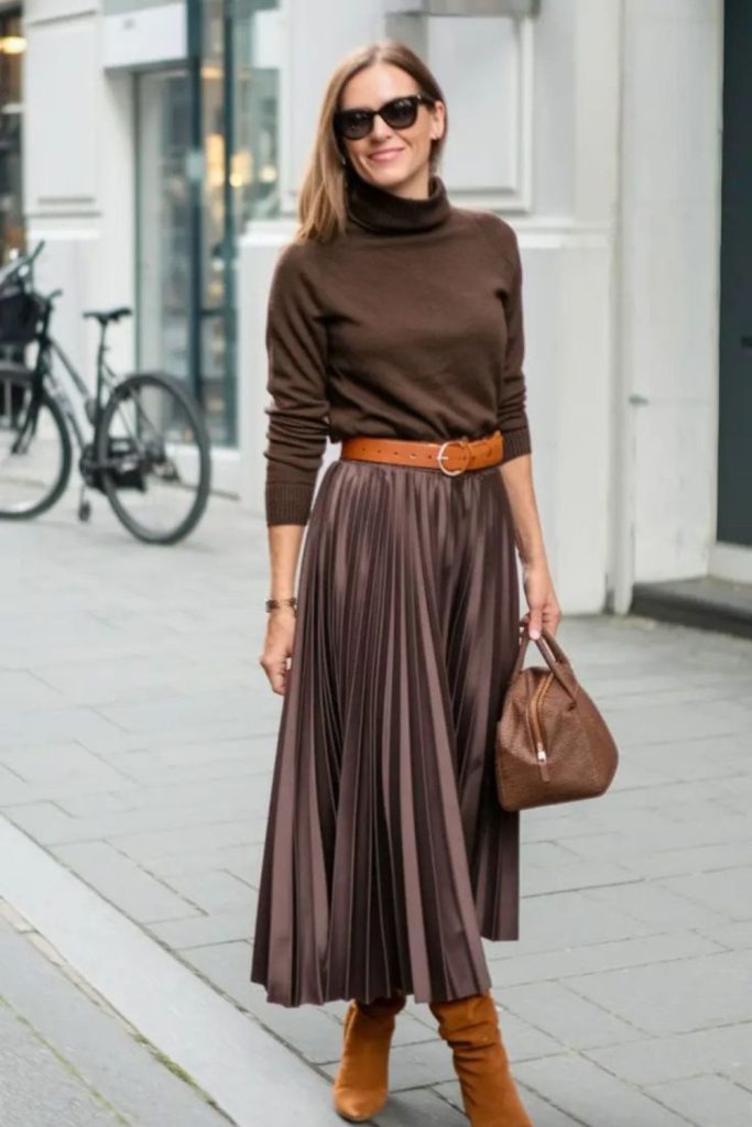Mocha knit sweater and flowing skirt