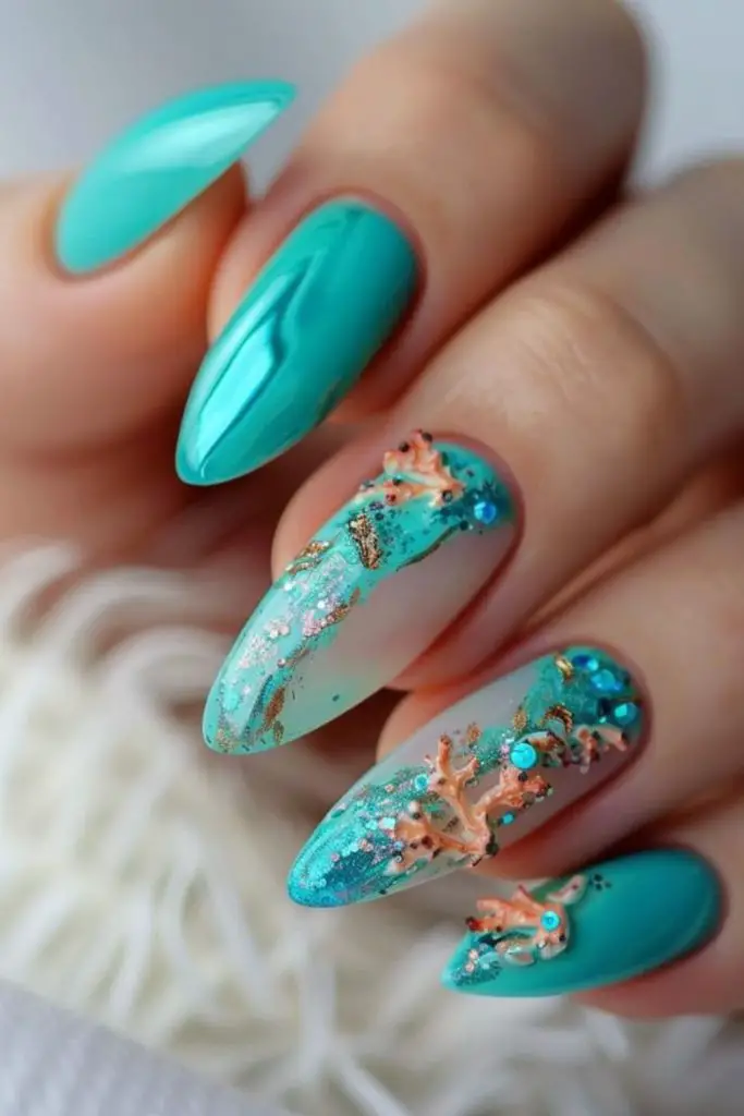 Turquoise coral undersea inspired nails