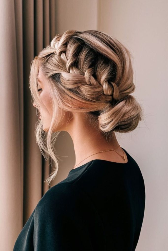 Side bun braid fireplace coziness