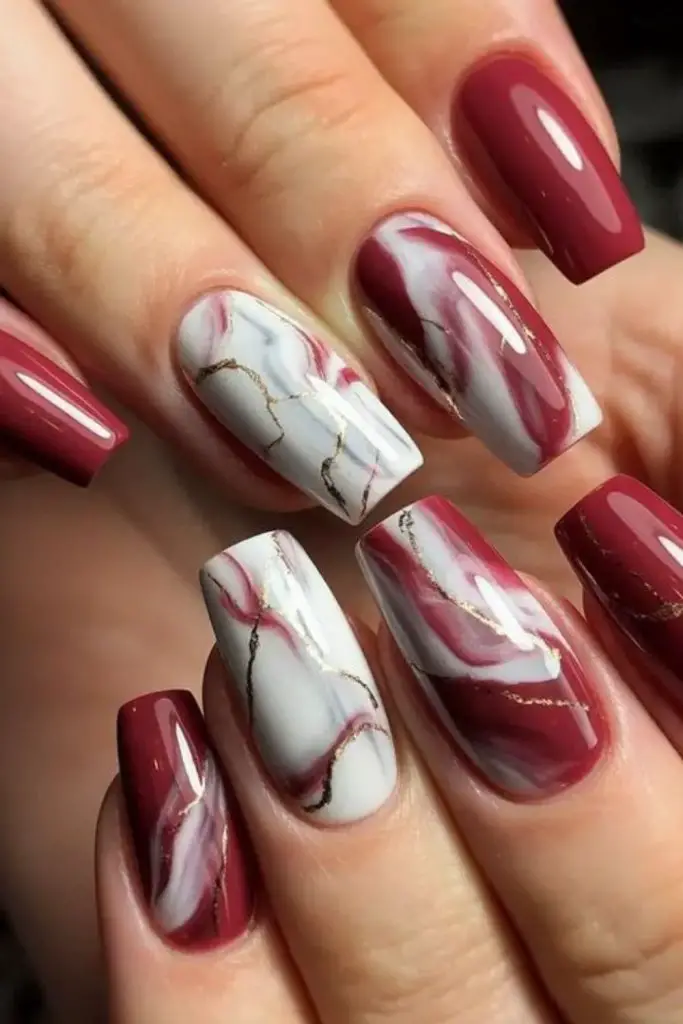 Cranberry swirl marble autumn nails