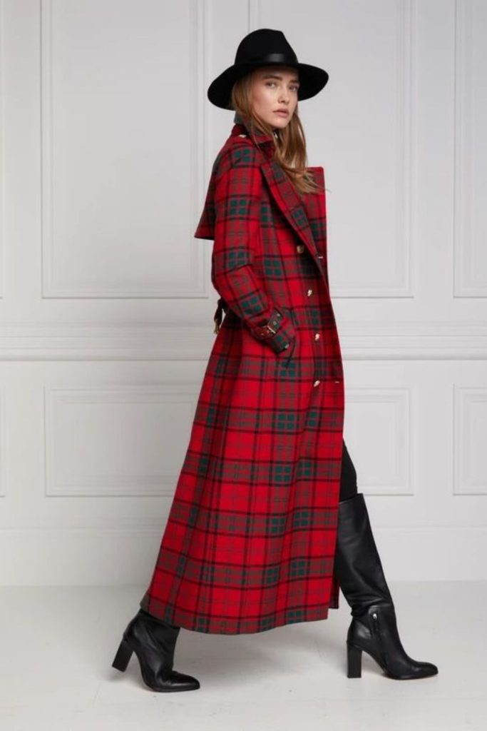 Crimson plaid coat with black trousers