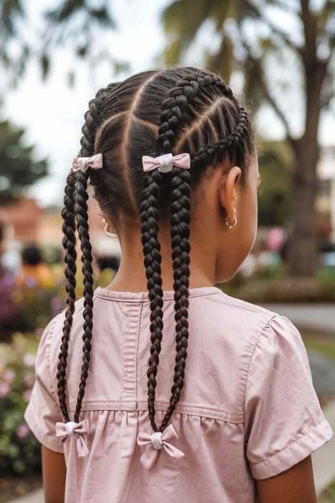 Crisscross braids tied with bows.