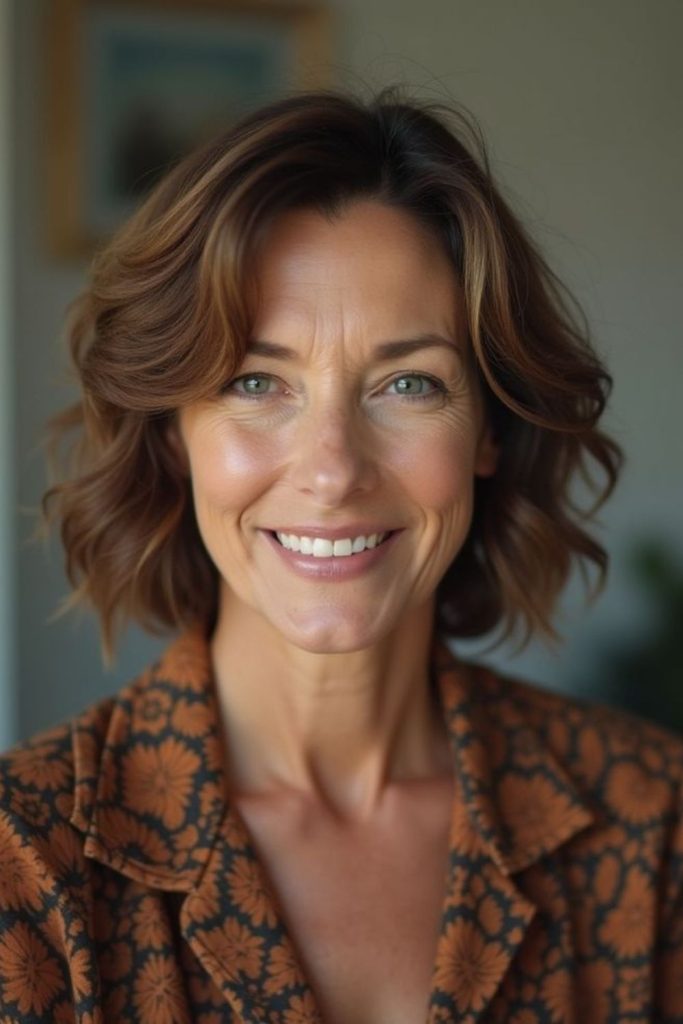 Curled chin-length bob for older women