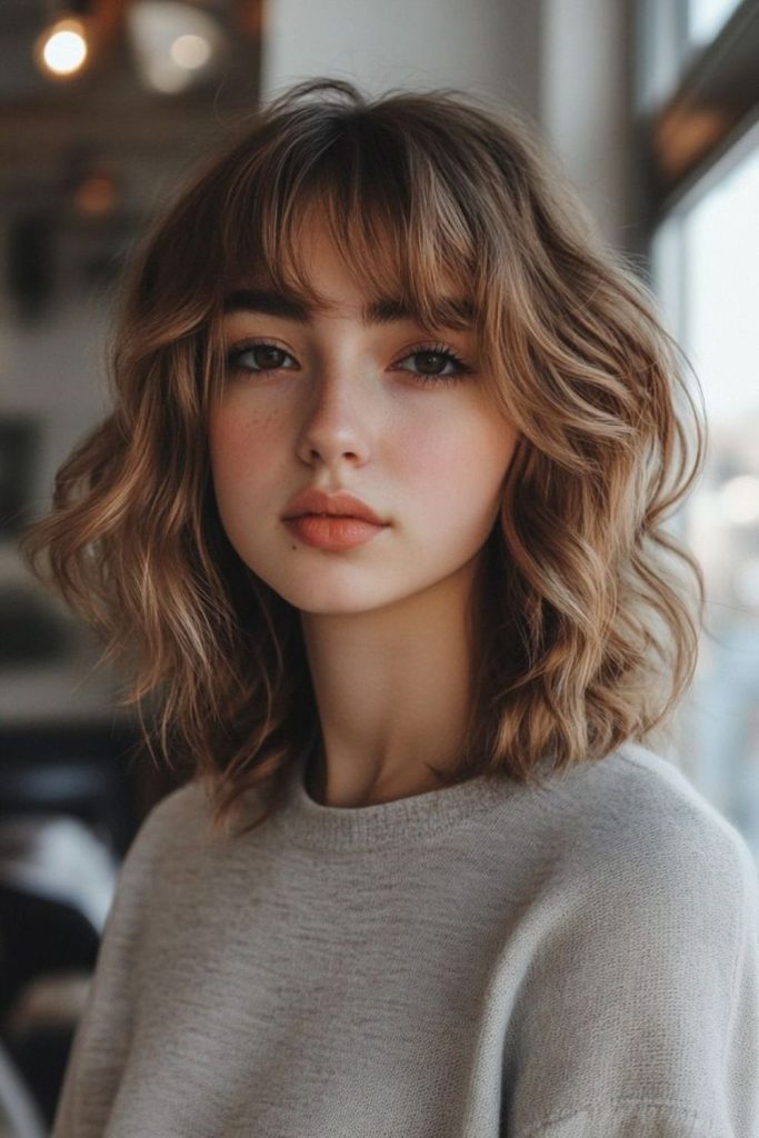 Curled lob haircut with soft bangs
